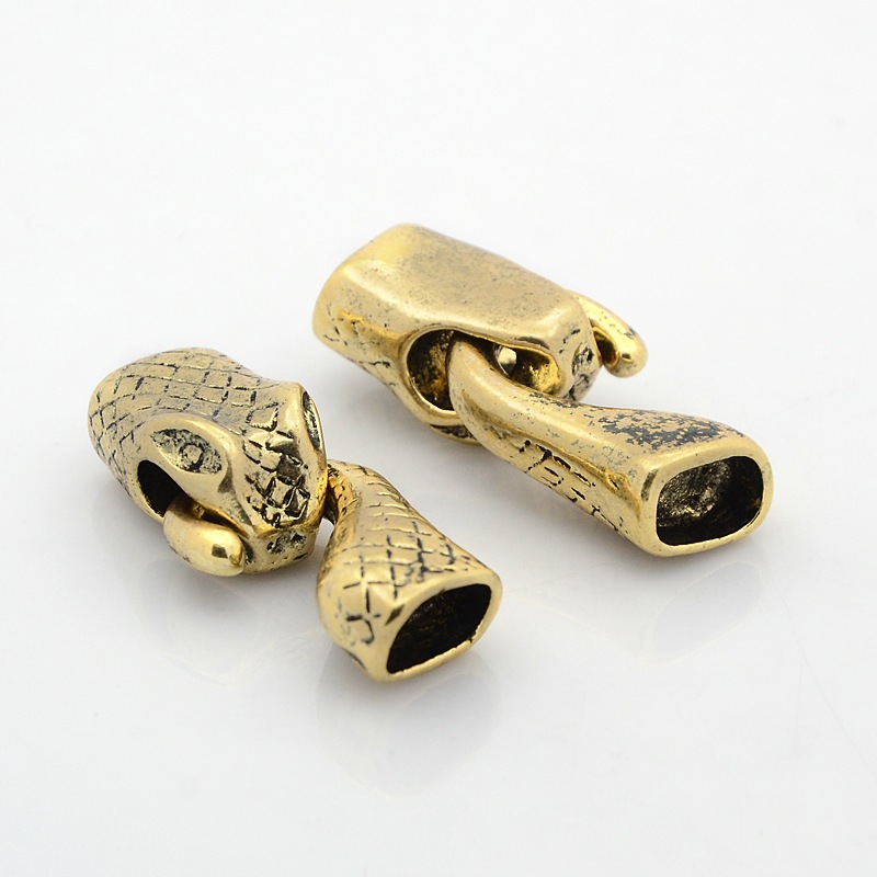 PandaHall Tibetan Style Alloy S-Hook Clasps and Cord Ends, Snake, Nickel Free, Antique Golden, 43x17x12mm, Hole: 10x15mm Alloy