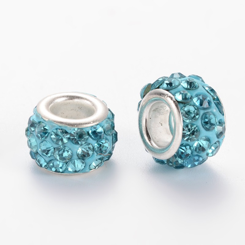 PandaHall Polymer Clay Rhinestone European Beads, Large Hole Rondelle Beads, with Platinum Plated Alloy Cores, Aquamarine, 10~12x7mm, Hole...