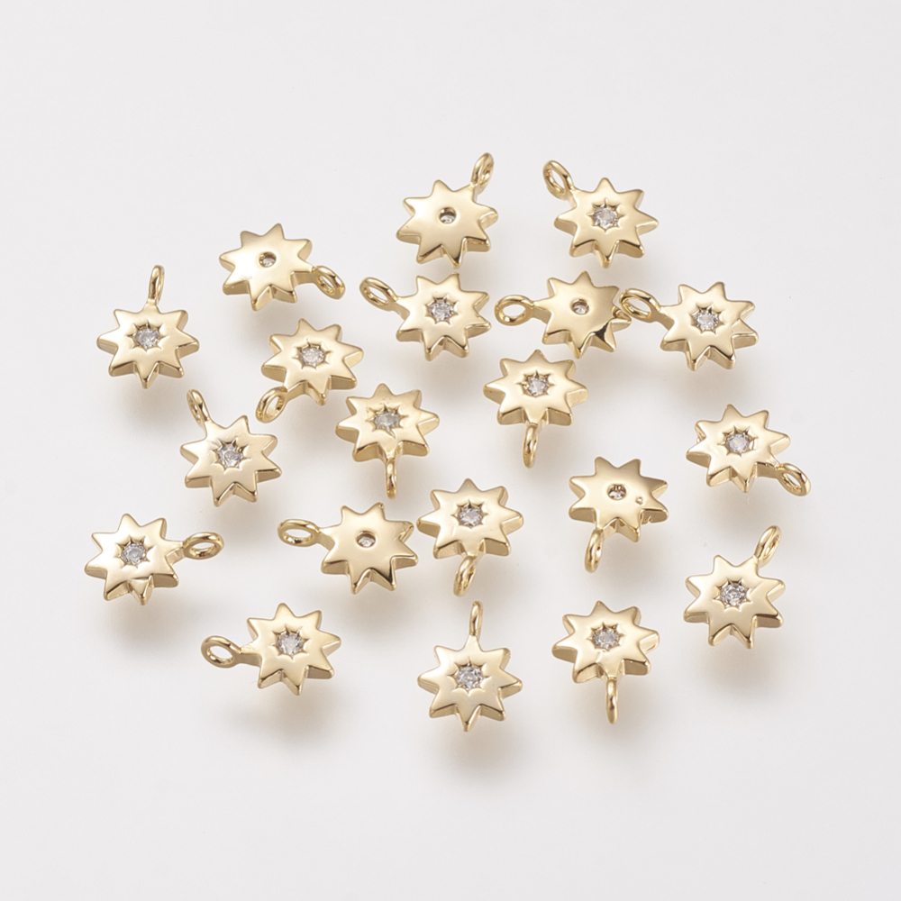 PandaHall Brass Cubic Zirconia Pendants, Real Gold Plated, Sta, 8x6x1.5mm, Hole: 1mm Brass+Cubic Zirconia Star