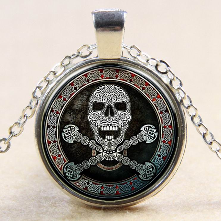 PandaHall Pretty Skull with Crossbone Pattern Flat Round Glass Pendant Necklaces, with Alloy Chains, Silver, 18" Glass