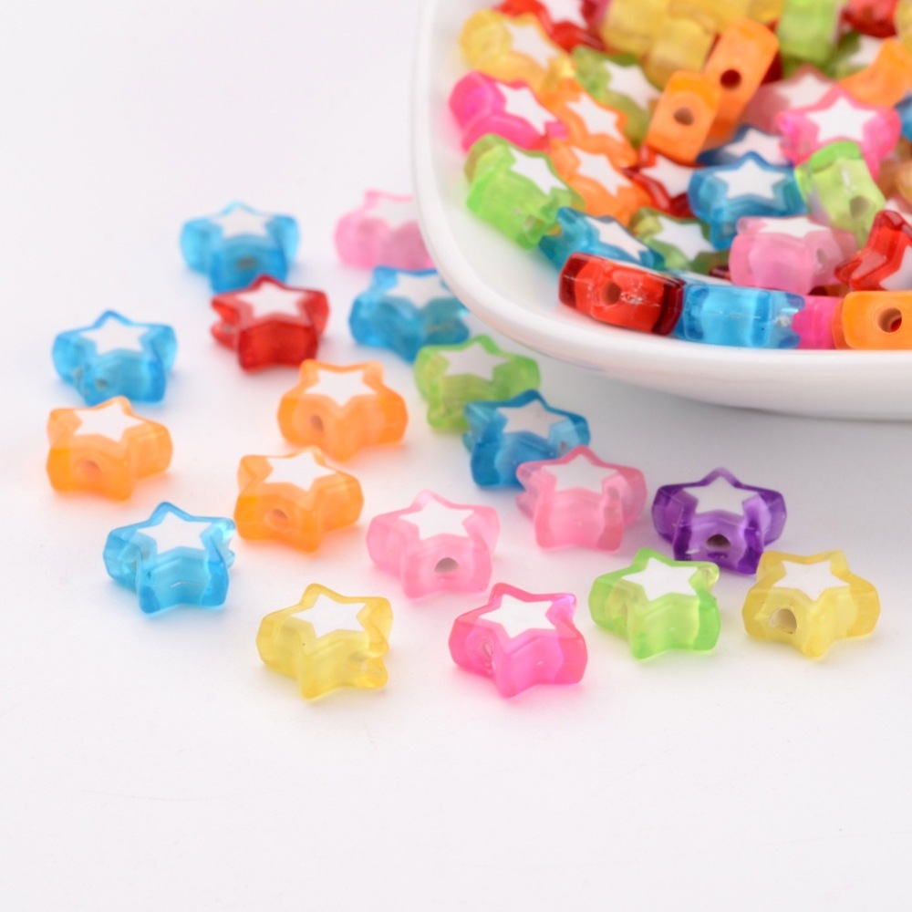 PandaHall Transparent Acrylic Beads, Bead in Bead, Star, Mixed Color, 9x10x4mm, Hole: 2mm; about 2600pcs/500g Acrylic Star Multicolor