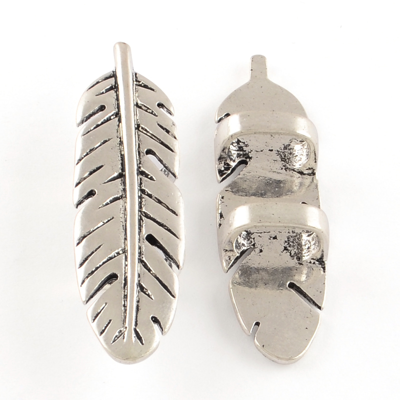 PandaHall Tibetan Style Leaf Slide Charms, Cadmium Free & Nickel Free & Lead Free, Antique Silver, 48x14x9.5mm, Hole: 10x6mm Alloy Leaf