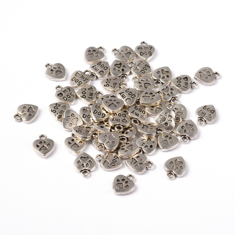 PandaHall Tibetan Style Charms Pendants, Lead Free, Heart with word Love My Dog, Antique Silver, 13x10x3mm, Hole: 2mm Alloy Heart