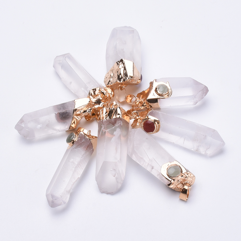 PandaHall Natural Quartz Crystal Pointed Pendants, with Real Rose Gold Plated Iron Findings, Nuggets, 40~50x13~20x10~15mm, Hole: 7x4mm...