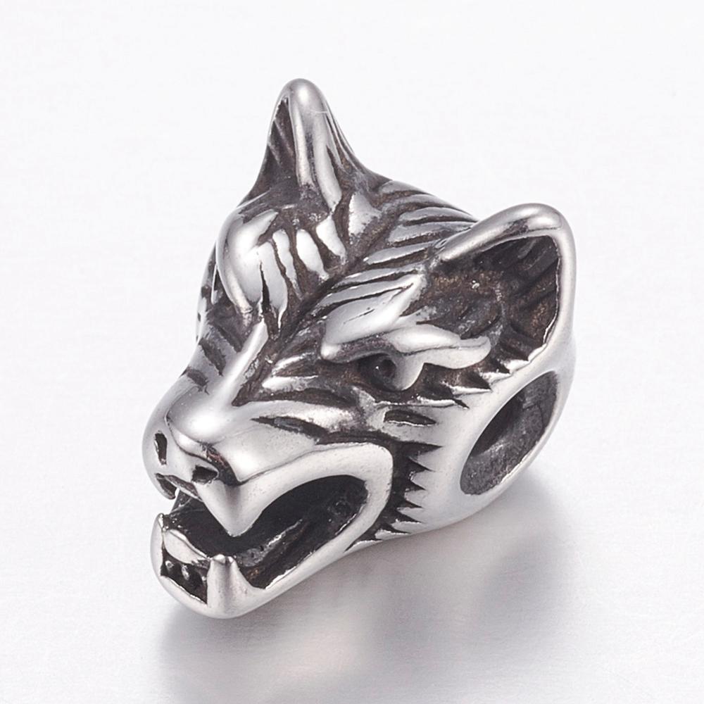 PandaHall 304 Stainless Steel Beads, Wolf Head, Antique Silver, 14x11x11mm, Hole: 2mm Stainless Steel Animal