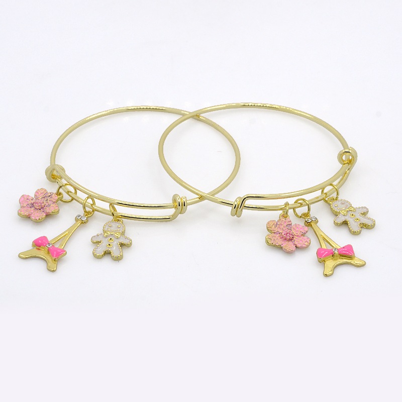 PandaHall Adjustable Golden Tone Brass Bangles Expandable Bangles, with Alloy Enamel Charms, Eiffel Tower & Flower & Human, Colorful, 58mm...