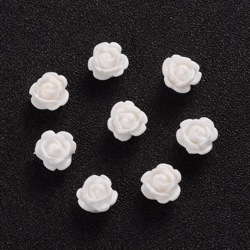 PandaHall Opaque Resin Beads, Rose Flower, White, 9x7mm, Hole: 1mm Resin Flower White