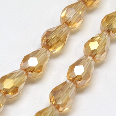 PandaHall Electroplate Glass Bead Strands, AB Color Plated, Faceted, Drop, Goldenrod, 12x8mm; Hole: 1mm, about 60pcs/strand, 28.3" Drop Gold