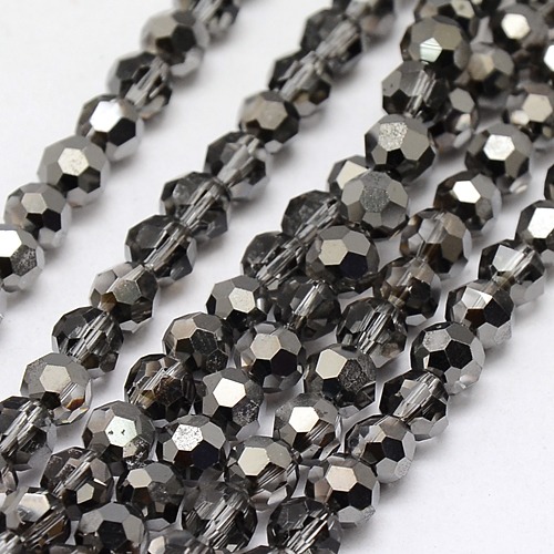 PandaHall Electroplate Glass Beads Strands, Half Plated, Faceted, Round, Black Plated, 6mm, Hole: 1mm; about 100pcs/strand, 22.6" Round