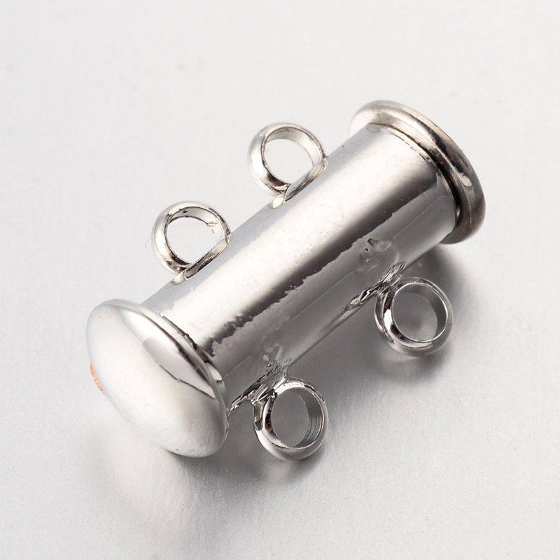 PandaHall 2-Strands Brass Slide Lock Clasps, 4-Holes, Platinum, 15x11.5x6mm, Hole: 2.5mm Brass