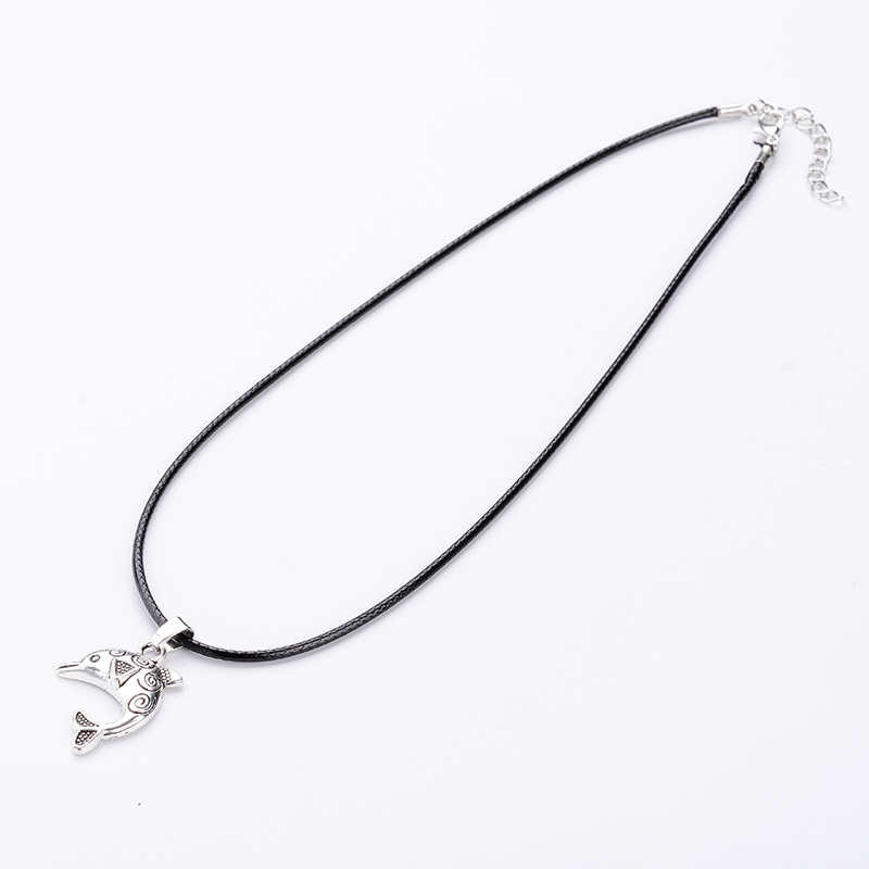 PandaHall Antique Silver Alloy Waxed Cord Pendant Necklaces, with Alloy Lobster Claw Clasps and Iron Extend Chain, Dolphin, Black, 17.7"...