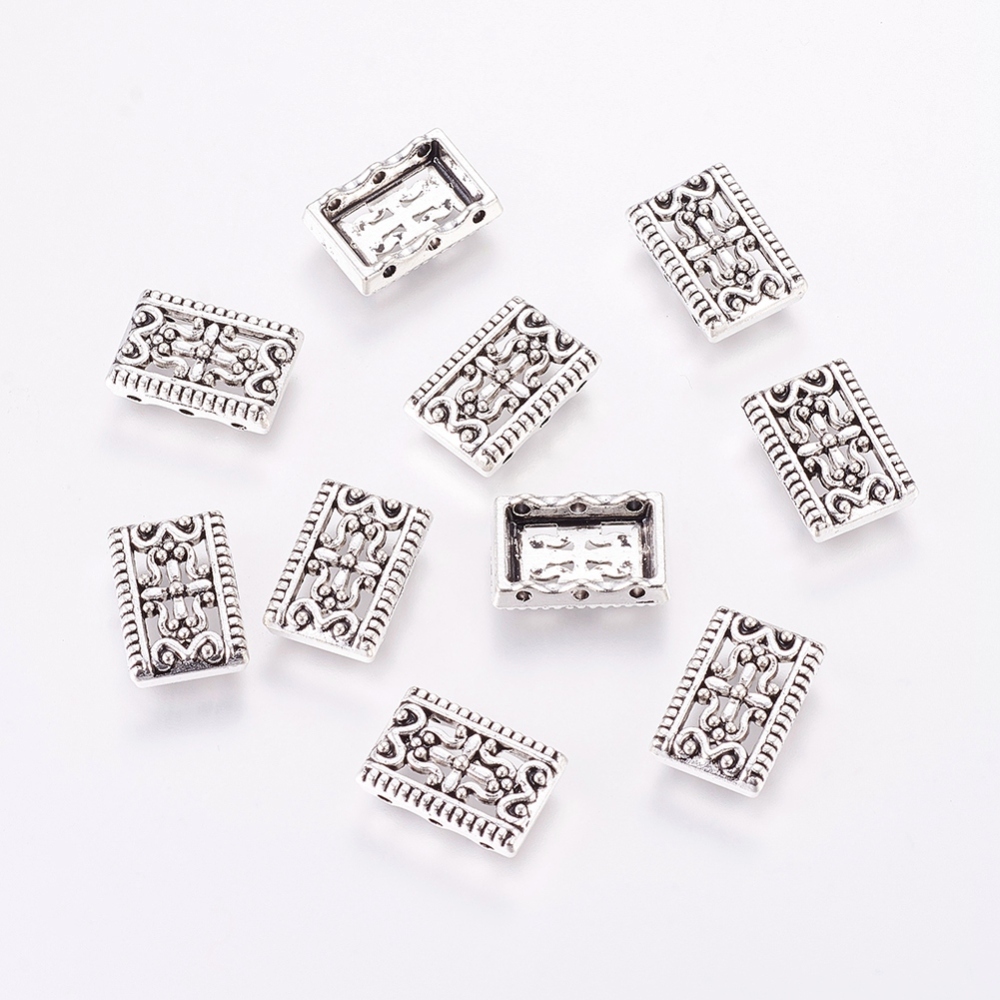 PandaHall Tibetan Style Multi-Strand Links, Lead Free and Cadmium Free, Rectangle, Antique Silver, about 17mm long, 12mm wide, 3mm thick...