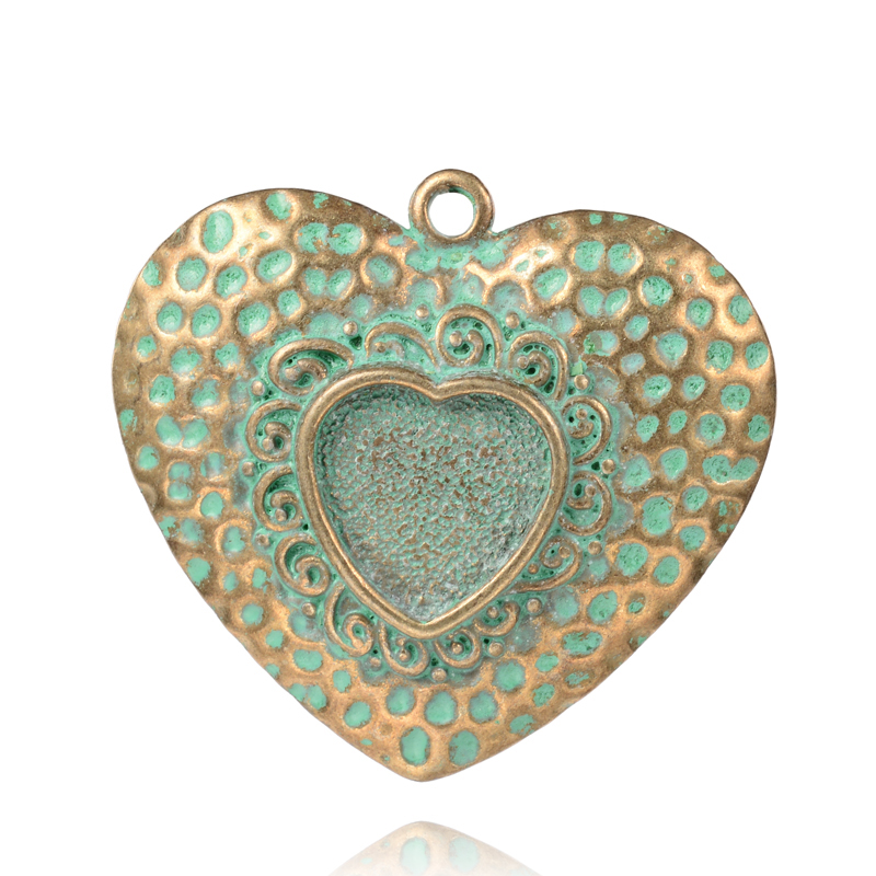 PandaHall Heart Alloy Pendant Cabochon Settings, Antique Bronze & Green Patina, 33.5x36x5mm, Hole: 2mm; Tray: 11x12mm Alloy Heart