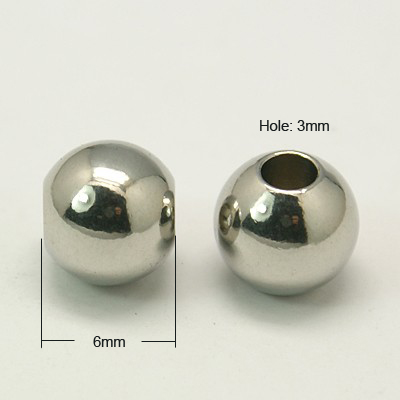 PandaHall 304 Stainless Steel Beads, Round, Stainless Steel Color, 6mm, Hole: 2~3mm Stainless Steel Round