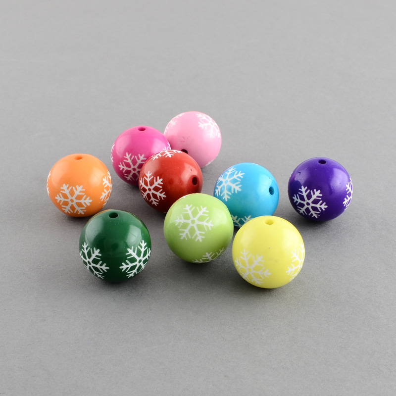 PandaHall Round Acryic Snowflake Pattern Beads, Christmas Ornaments, Mixed Color, 20mm, Hole: 2.5mm Acrylic Round Multicolor