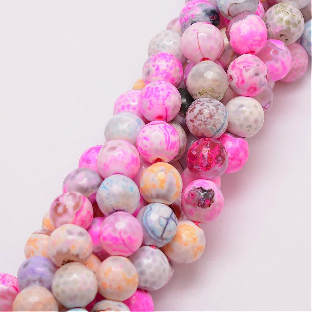 PandaHall Natural Fire Agate Bead Strands, Dyed, Faceted, Round, PearlPink, 10mm, Hole: 1.5mm; about 38pcs/strand, 14" Natural Agate Round...