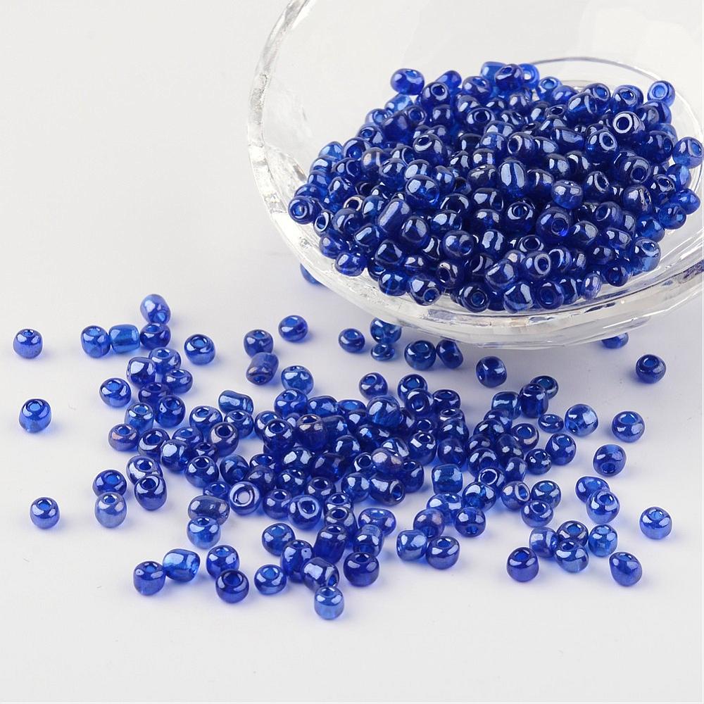PandaHall Round Glass Seed Beads, Trans. Colours Lustered, Blue, Size: about 4mm in diameter, hole: 1.5mm; about 496pcs/50g Glass Blue