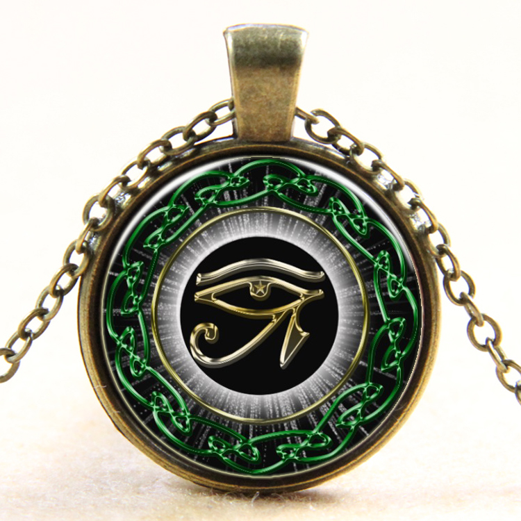 PandaHall Egyptian Eye of Horus Pattern Flat Round Glass Pendant Necklaces, with Alloy Chains, Antique Bronze, 18" Alloy