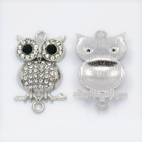 PandaHall Alloy Rhinestone Links, Grade A, for Halloween, Owl, Platinum Metal Color, Crystal, 34x20x5mm, Hole: 2mm Alloy+Rhinestone Owl