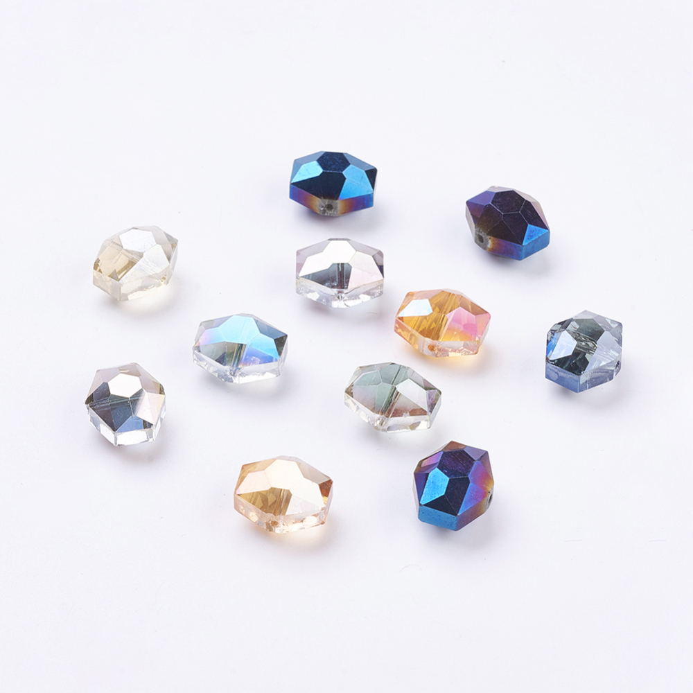 PandaHall Faceted Hexagon Mixed Electroplate Glass Beads, Half Plated, 14x12x10mm, Hole: 1mm Glass Hexagon Multicolor