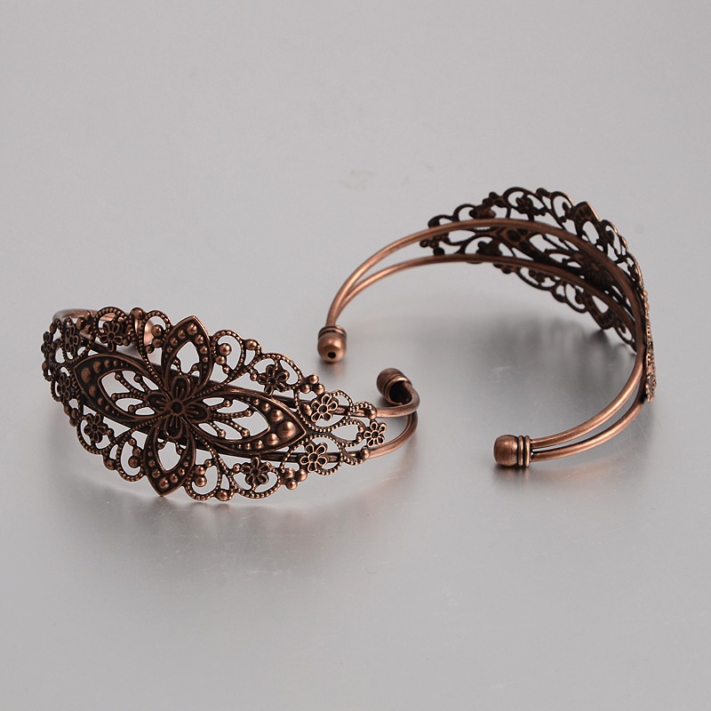 PandaHall Brass Cuff Bangle Makings, Bangle Blanks, with Filigree Flower, Nickel Free, Red Copper, 63mm Brass