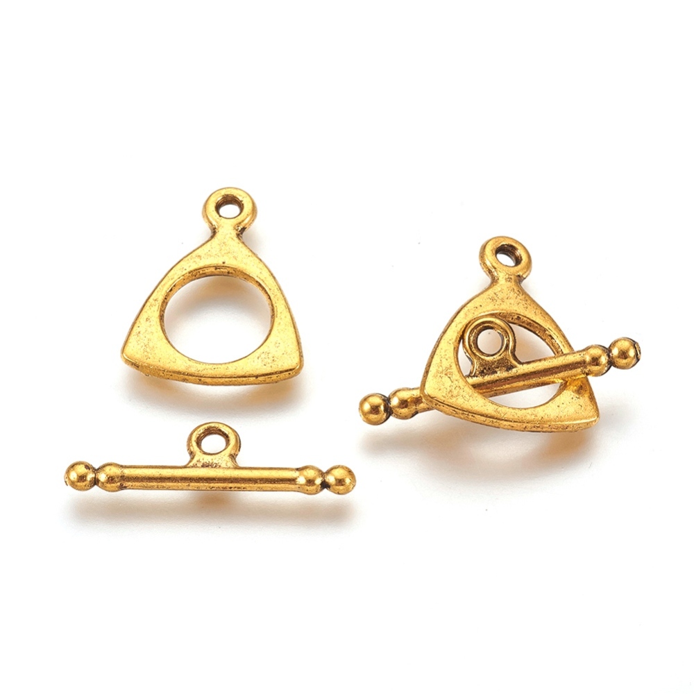 PandaHall Tibetan Style Toggle Clasps, Antique Golden, Lead Free and Cadmium Free, Size: Triangle: 16mm wide, 19mm long, Bar: 25mm long...