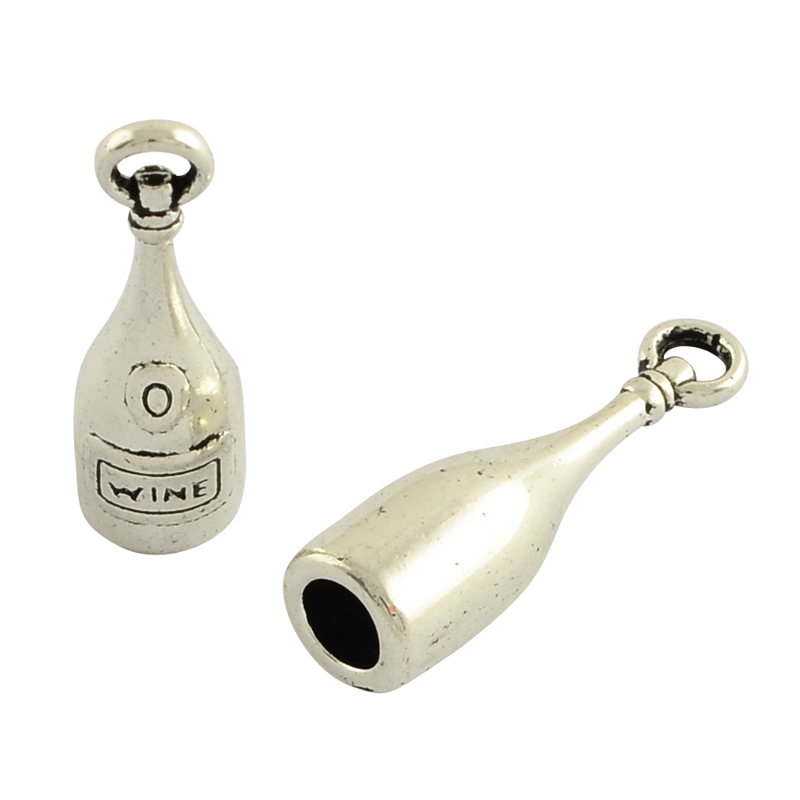 PandaHall Tibetan Style Alloy Pendants, Bottle with Word Wine, Cadmium Free & Nickel Free & Lead Free, Antique Silver, 28x8mm, Hole: 3mm;...