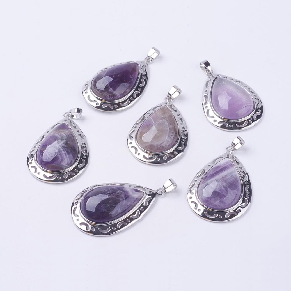PandaHall Natural Amethyst Pendants, with Brass Findings, Drop Big Pendants, Platinum, 50x33.5x10mm, Hole: 4x7mm Amethyst Drop