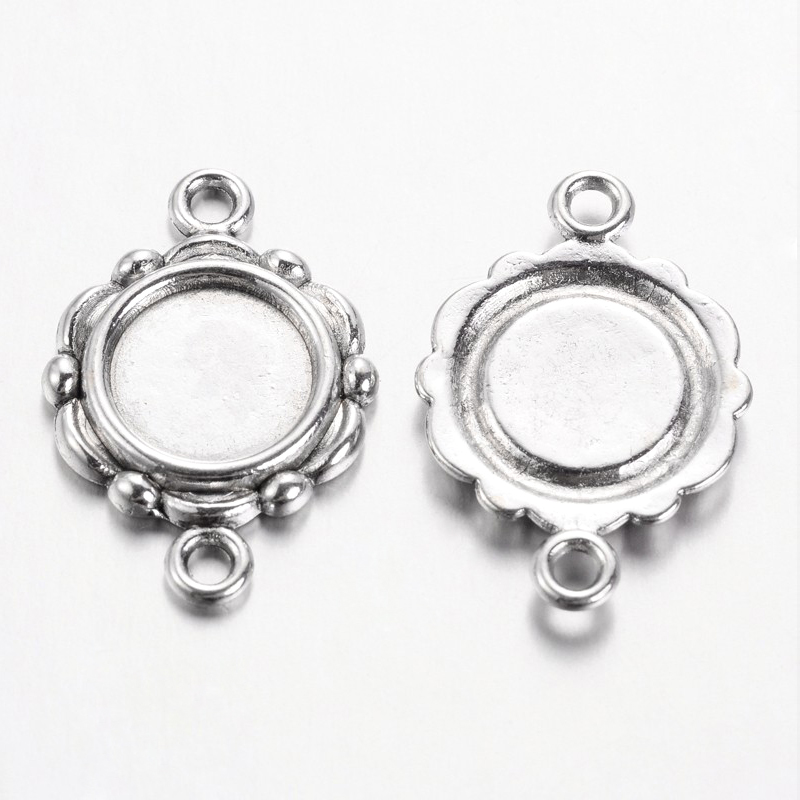 PandaHall Tibetan Style Alloy Link Cabochon Bezel Settings, Lead Free, Antique Silver, Flat Round Tray: 9.5mm; 23x15x2mm, Hole: 2mm Alloy...