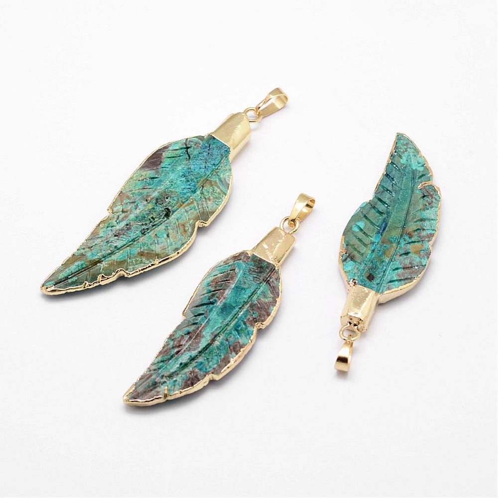 PandaHall Natural Agate Big Pendants, Imitation Ocean Jasper, with Golden Plated Brass Findings, Leaf, Dyed, SeaGreen, 62~71x19~23x6~12mm...