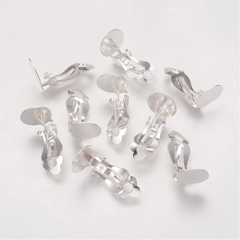 PandaHall Brass Blank Base Clip-on Earring Cabochon Settings, for Non-Pierced Ears, Silver, Flat Round Tray: 12mm; 17x12mm, Hole: 1.5mm...