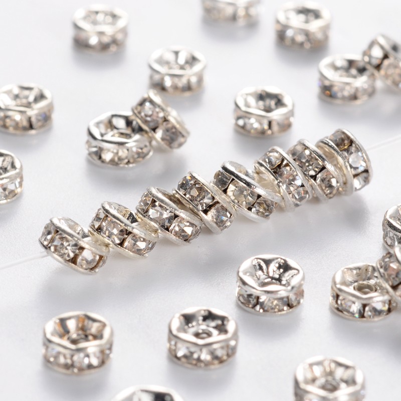 PandaHall Flat Round Brass Grade A Rhinestone Spacers Beads, Silver, Crystal, 5x2mm, Hole: 1mm Brass+Rhinestone Flat Round