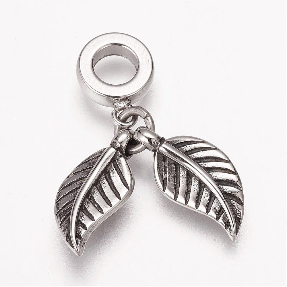 PandaHall 304 Stainless Steel European Dangle Beads, Large Hole Pendants, Leaf, Antique Silver, 31mm, Hole: 5mm; Pendant: 21x10x3.5mm...