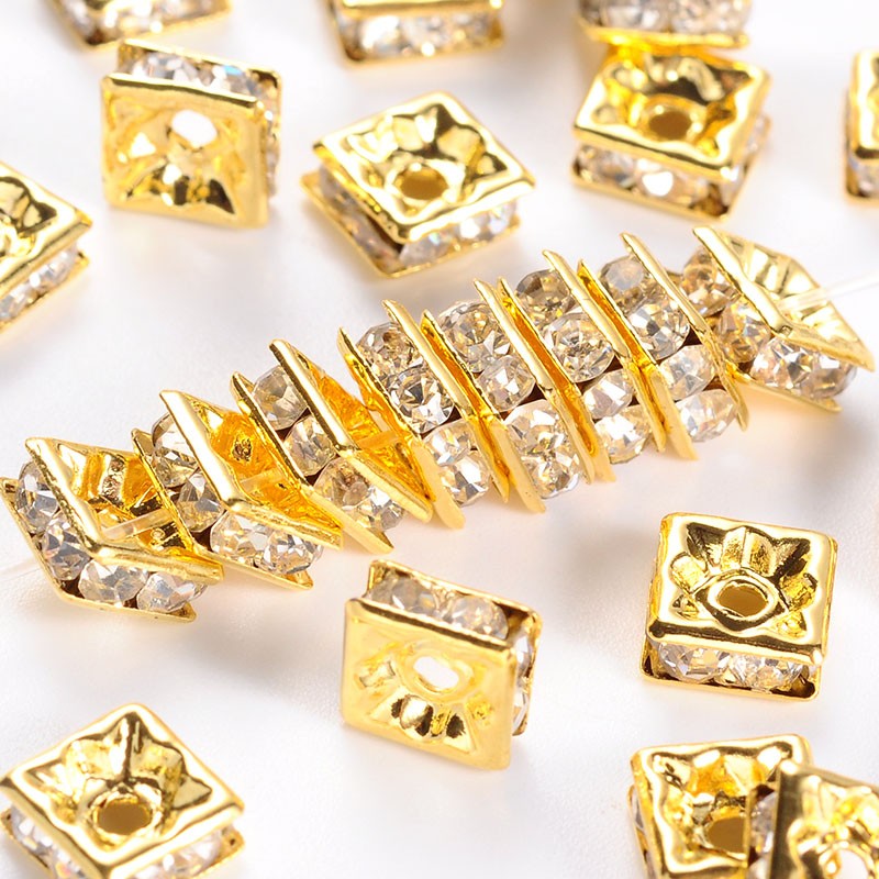PandaHall Brass Rhinestone Spacer Beads, Grade A, Square, Nickel Free, White, Golden Metal Color, Size: about 6mmx6mmx3mm, hole: 1mm...