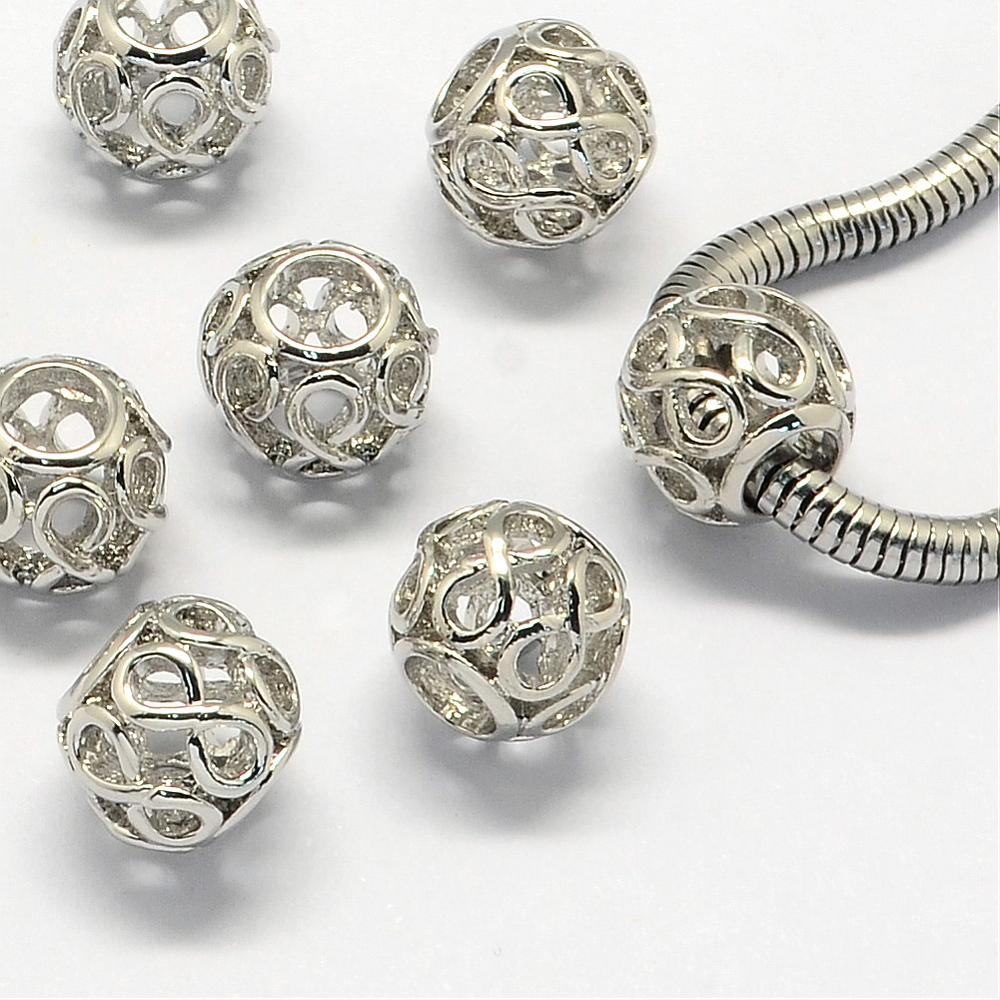 PandaHall Alloy European Beads, Large Hole Beads, Rondelle, Hollow, Platinum, 11x9.5mm, Hole: 5mm Alloy Rondelle