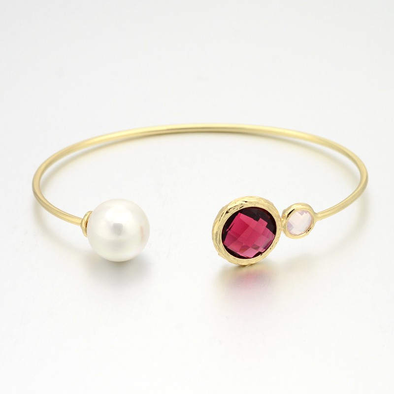 PandaHall Nickel Free Unfading Golden Plated Brass Glass Cuff Bangles, Torque Bangles, with Round Acrylic Pearl, Cerise, 43x54mm Glass Red