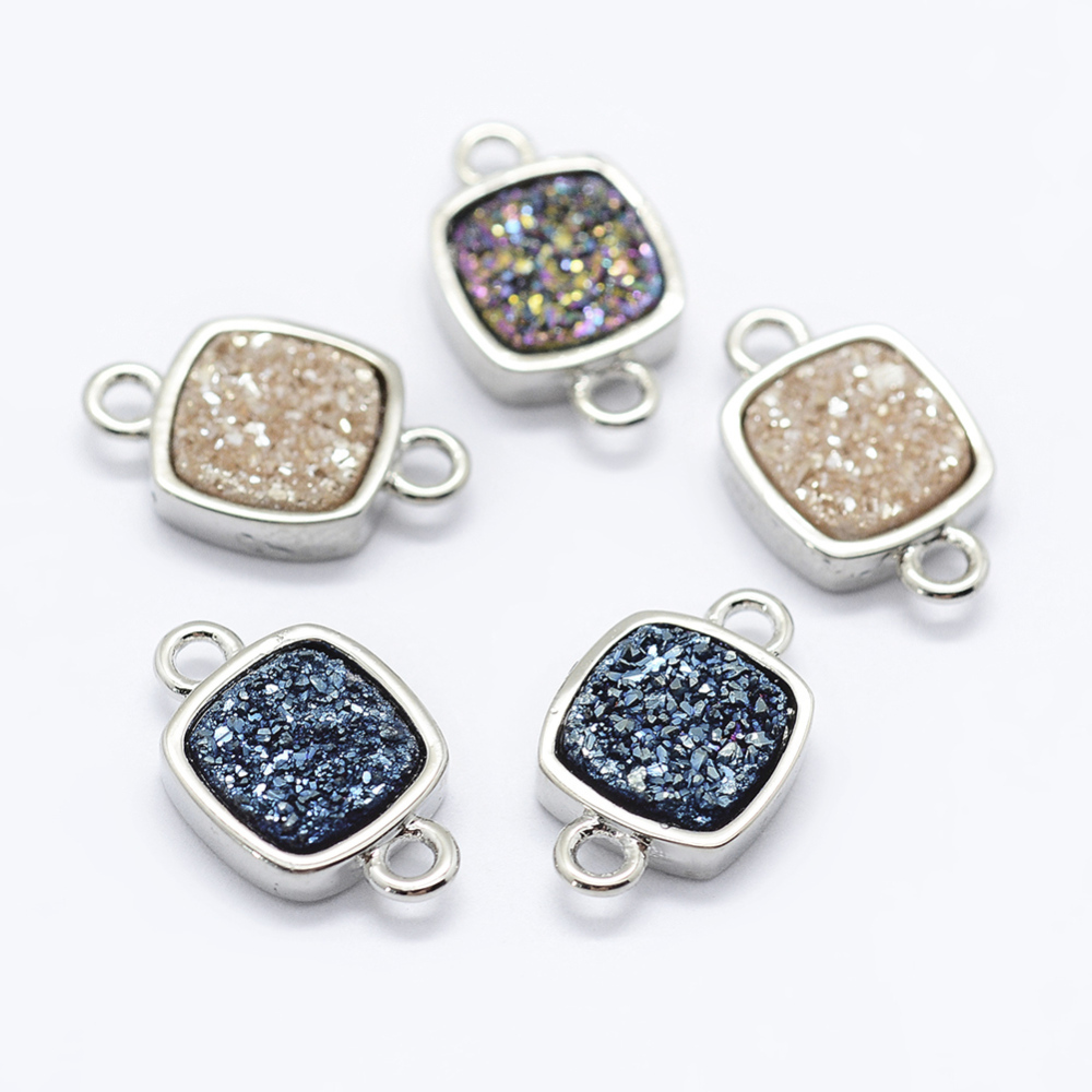 PandaHall Electroplate Natural Druzy Agate Links, with Brass Findings, Square, Mixed Color, 12x7.5x2.5~3mm, Hole: 1.5mm Natural Agate Square...