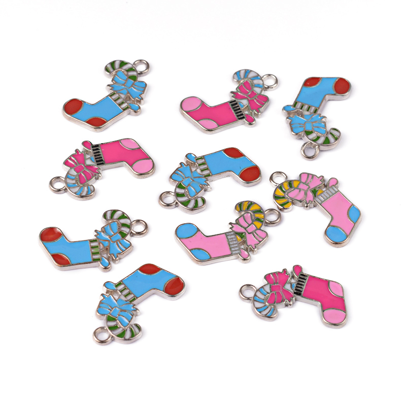 PandaHall Alloy Enamel Pendants, Christmas Stockings, Lead Free and Cadmium Free, Platinum Color, Mixed Color, 27x16x2mm, Hole: 3mm...