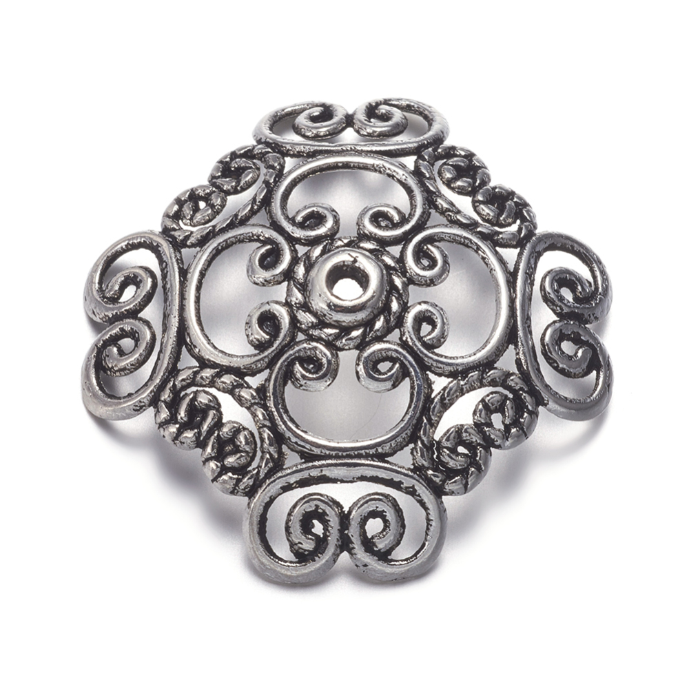 PandaHall Tibetan Silver Bead Caps, Lead Free & Cadmium Free, Flower, Antique Silver, about 32mm long, 32mm wide, 2mm thick, Hole: 2mm Alloy