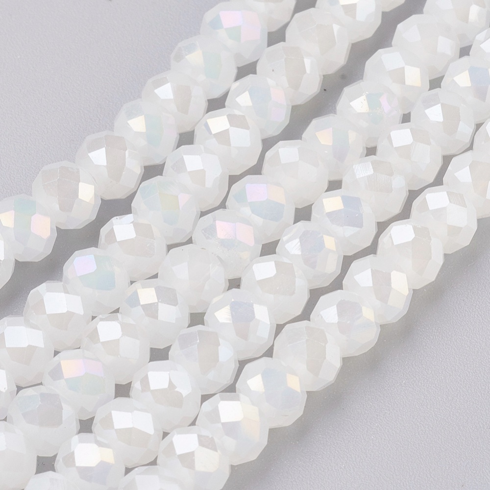 PandaHall Electroplate Glass Beads Strands, Imitation Jade Glass, AB color Plated, Faceted, Rondelle, White, 6x4~5mm, Hole: 0.8~1mm; about...