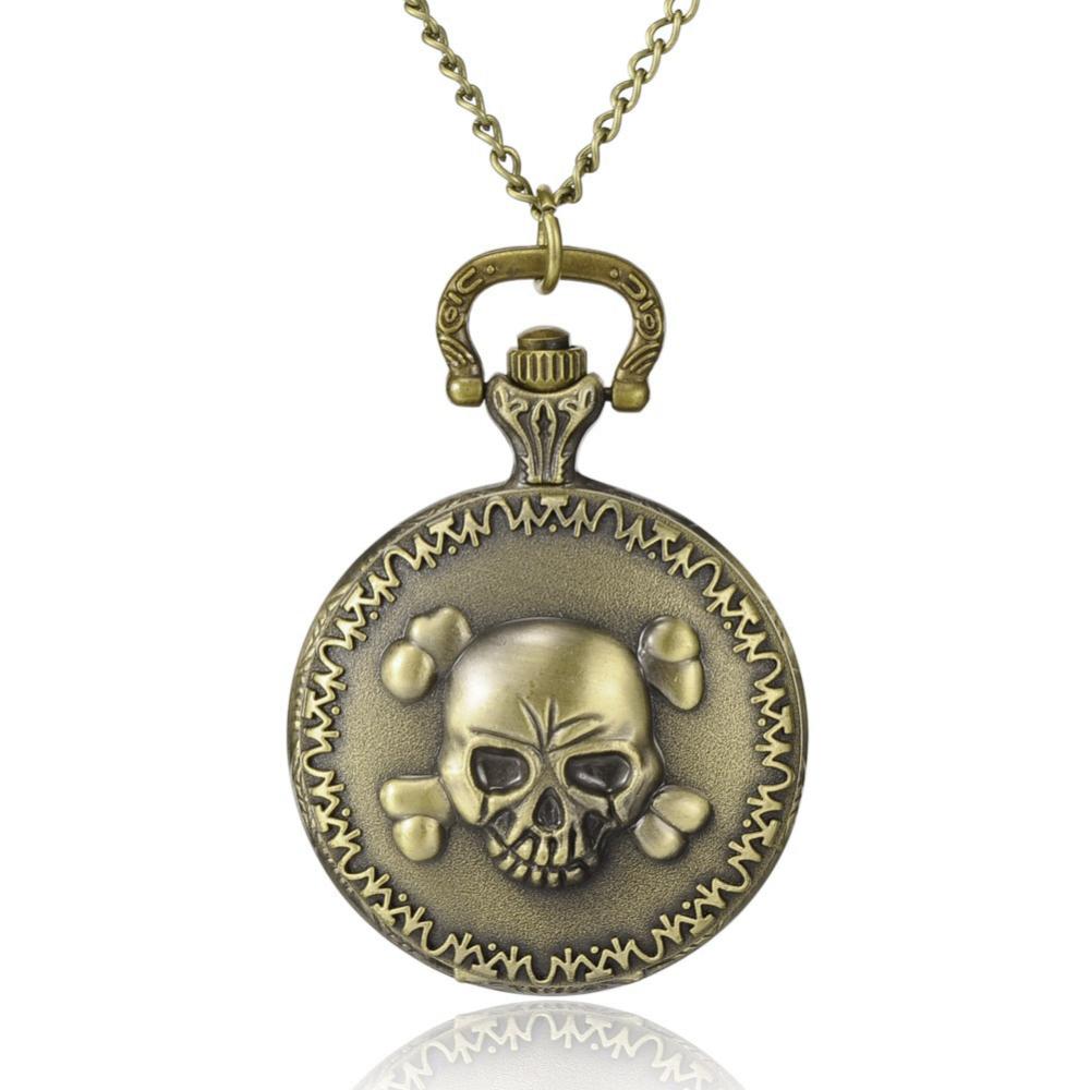 PandaHall Flat Round with Skull and Crossbone Alloy Quartz Pocket Watches, with Iron Chains and Lobster Claw Clasps, Antique Bronze, 31.4";...