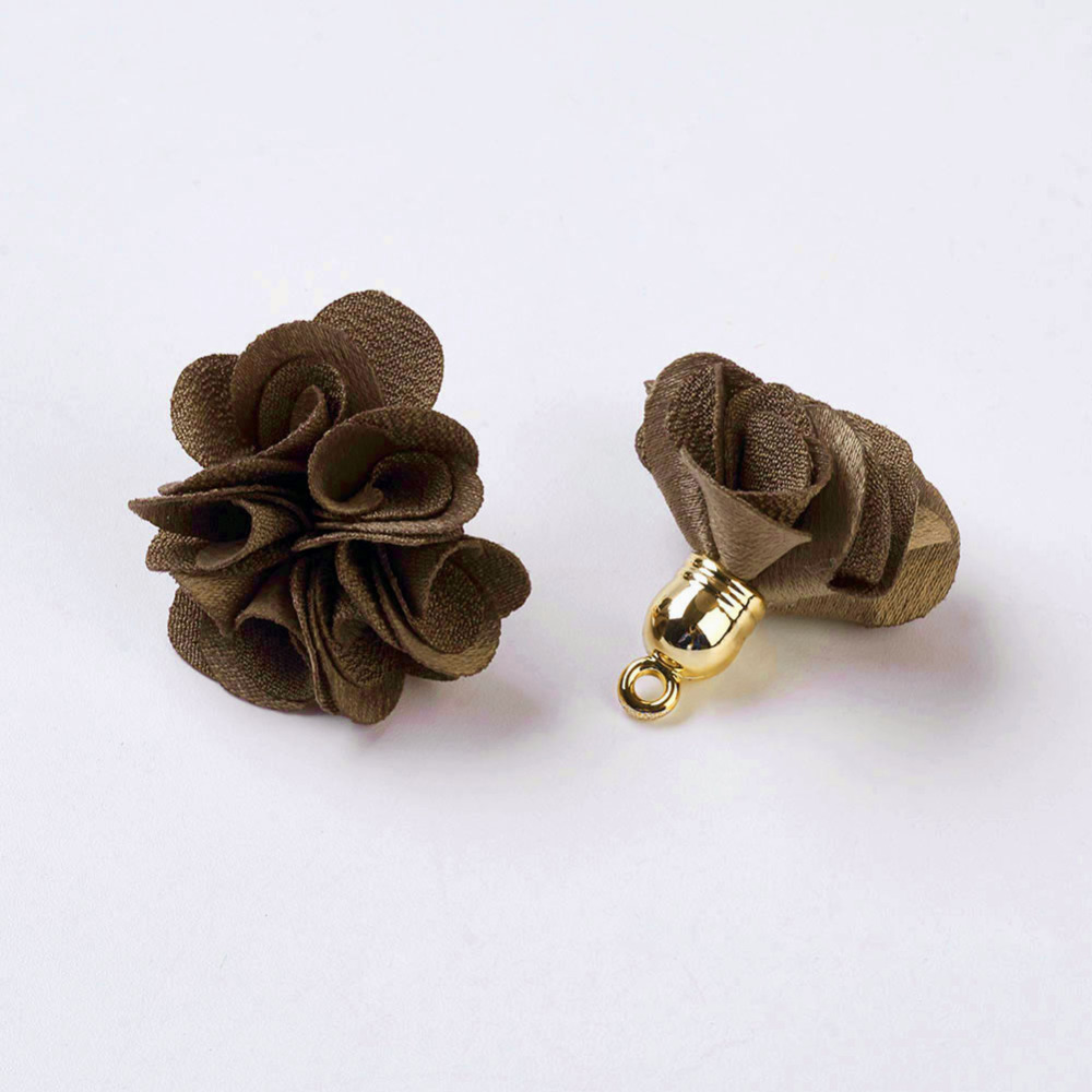 PandaHall Cloth Pendant Decorations, with Acrylic Findings, Flower, Camel, 25~30x28~35mm, Hole: 2mm Cloth Flower Brown