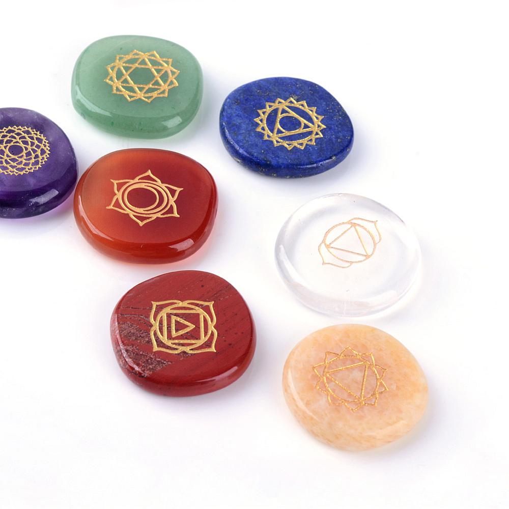 PandaHall Natural Gemstone Cabochons, Flat Round, Dyed, 27~29x27~29x5~7mm; about 7pcs/set Mixed Stone Flat Round Multicolor