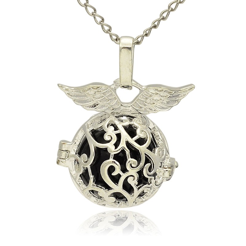 PandaHall Silver Tone Brass Hollow Round Cage Pendants, with No Hole Spray Painted Brass Round Ball Beads, Round with Wing, Black...
