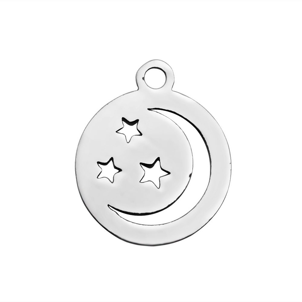PandaHall 304 Stainless Steel Charms, Flat Round with Moon and Star, Stainless Steel Color, 14x12x1.2mm, Hole: 1.5mm Stainless Steel Flat...