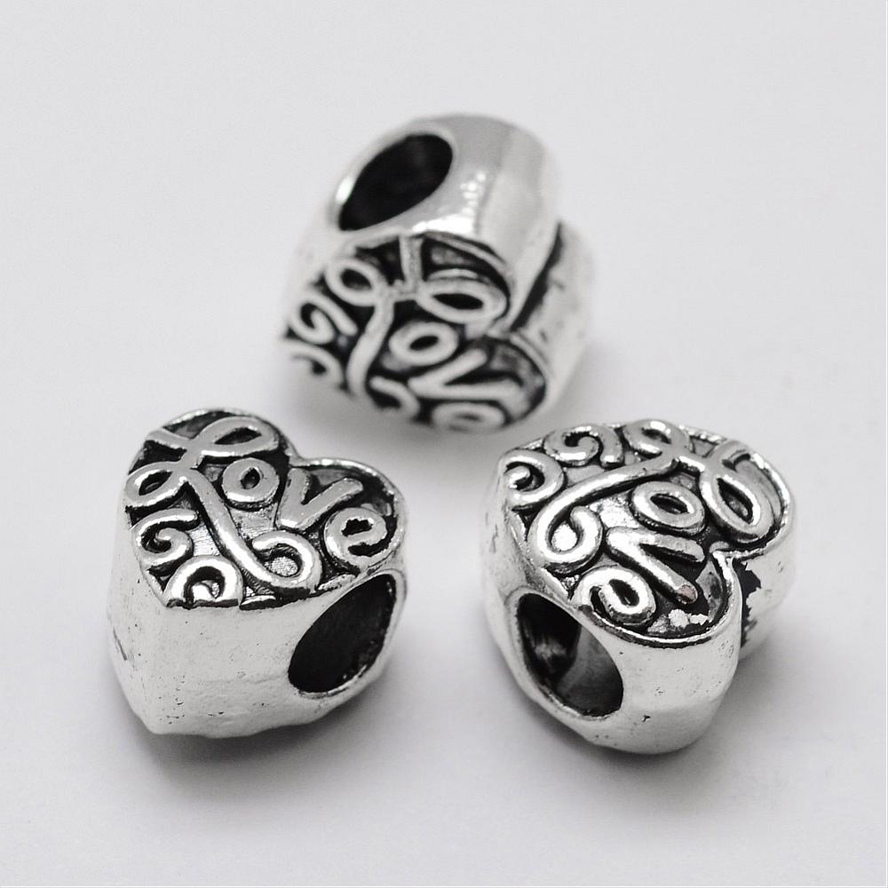 PandaHall Alloy European Beads, Heart, Large Hole Beads, Antique Silver, 10.5x10x8mm, Hole: 5mm Alloy Heart