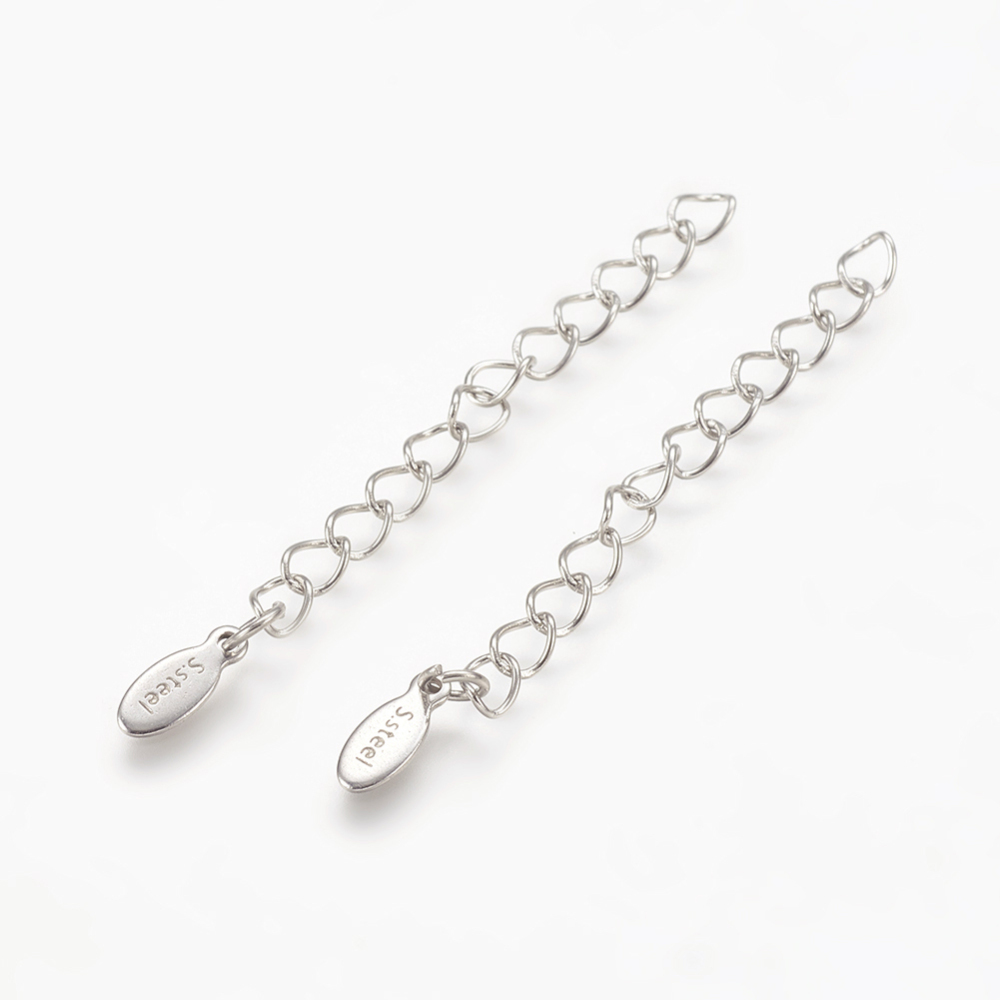 PandaHall Stainless Steel Extender Chains, Curb Chains, Oval  Carved with S.steel Charms, Stainless Steel Color, 59x4mm Stainless Steel