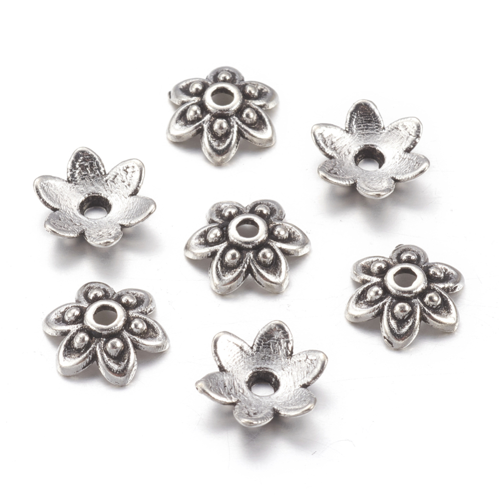 PandaHall Tibetan Silver Bead Caps, Lead Free and Cadmium Free, Flower, Antique Silver, about 9mm in diameter, 3mm thick, hole: 1mm Alloy