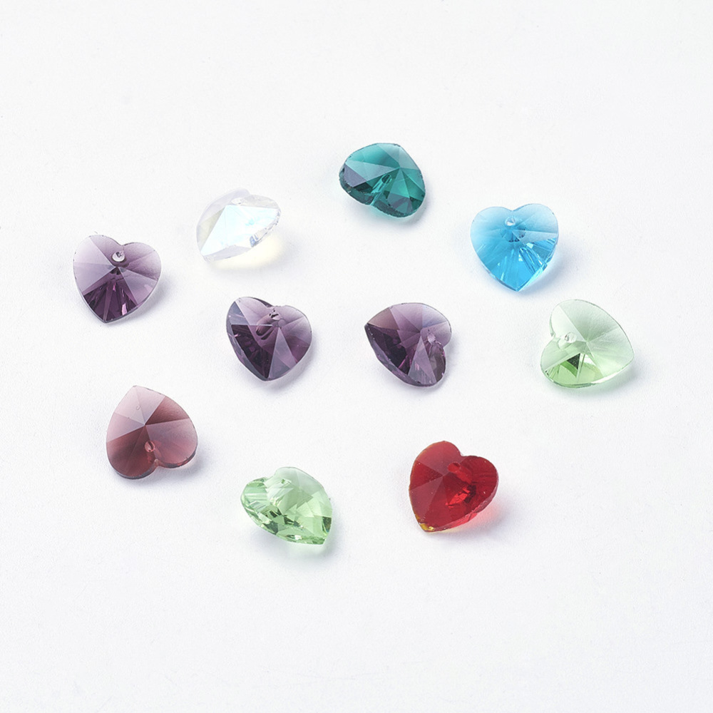 PandaHall Glass Pendants, Faceted, Heart, Great For Mother's Day Bracelet Making, Mixed Color, about 10mm in diameter, 6mm thick, hole...
