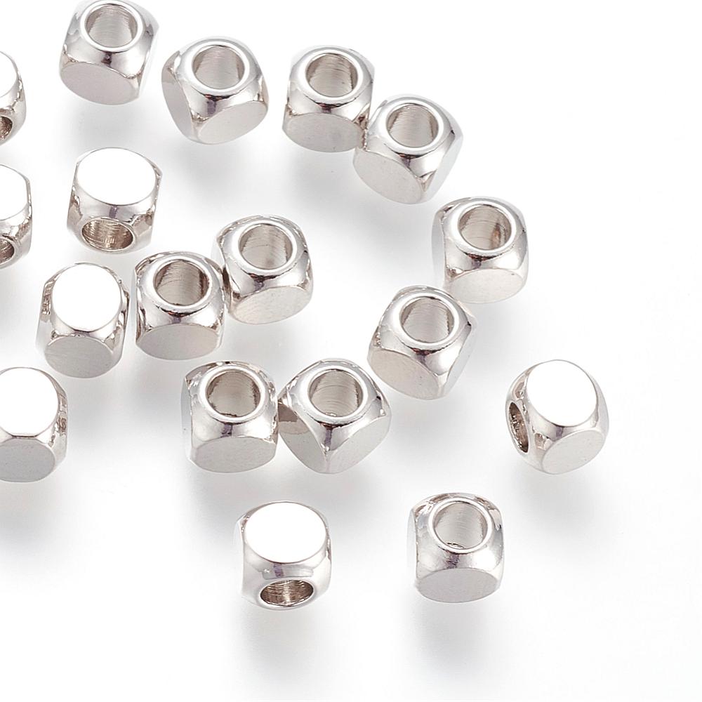 PandaHall Brass Bead Spacers, Real Platinum Plated, Cube, Platinum, 5x5mm, Hole: 3mm Brass Cube